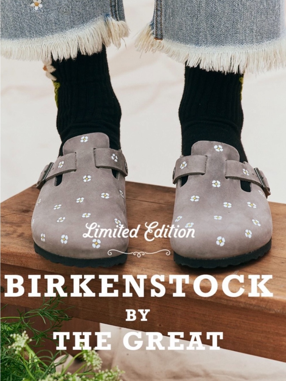 Birkenstock x The GREAT. Gray Suede Daisy Clogs